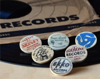 Extinct Los Angeles Record Label Pinback Buttons, Lapel Pins, Handmade Wooden Music Badges, Audiophile Gift