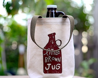 Little Brown Jug Growler Bag, Beer Bag, Screen Printed Canvas Growler Tote, Beer Lover Gift, Stocking Stuffer