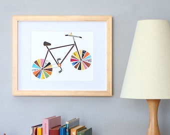 Recycled Bicycle Print, Original Bicycle Art Print, Colorful Home Decor, Affordable Art