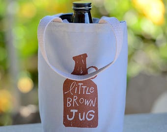 Little Brown Jug Growler Bag, Grey Screen Printed Canvas Growler Tote Bag, Craft Beer Gift