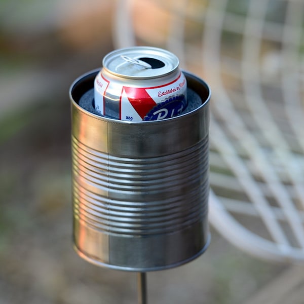 Large Hobo Tin Can Beer Holder, Outdoor Drink Holder, 10 Year Upcycled Anniversary Gift, Wine Bottle Holder, Drink Stake, 10th Anniversary