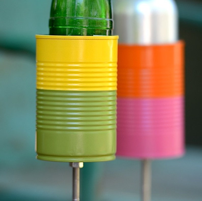 Pair of Two Tone Hobo Tin Can Beer Holder/ 2 Garden Drink Holders Choose your colors image 2