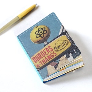 Upcycled Mini Journal Burgers N Thangs Edition, Hamburger Journal, Burger Notebook, Ready to Ship image 1