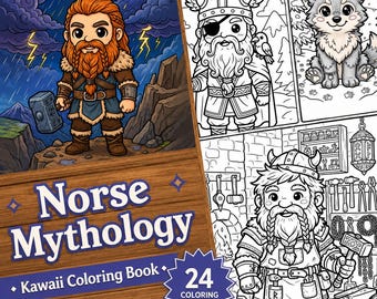 Libro para colorear de 24 adorables ilustraciones de mitología nórdica para niños / 24 páginas imprimibles kawaii / 12 dioses y 12 criaturas / Estilo chibi / Tamaños A4 y carta / Descarga instantánea