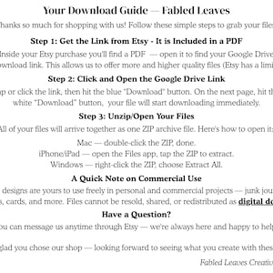 May include: A black and white instructional document titled Your Download Guide &mdash; Fabled Leaves. It outlines three steps for accessing digital files via Google Drive, instructions for unzipping files on Mac, iPhone, iPad, and Windows, and commercial use notes.