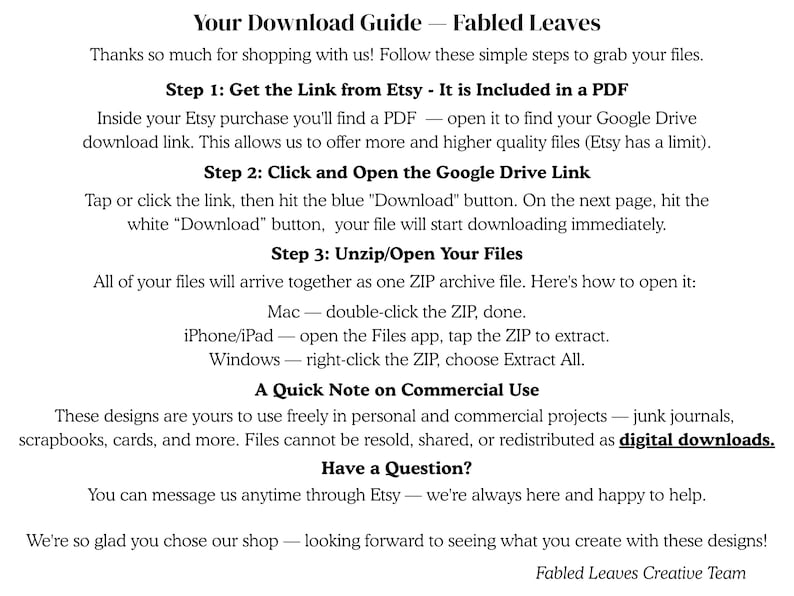 May include: A black and white instructional document titled Your Download Guide &mdash; Fabled Leaves. It outlines three steps for accessing digital files via Google Drive, instructions for unzipping files on Mac, iPhone, iPad, and Windows, and commercial use notes.