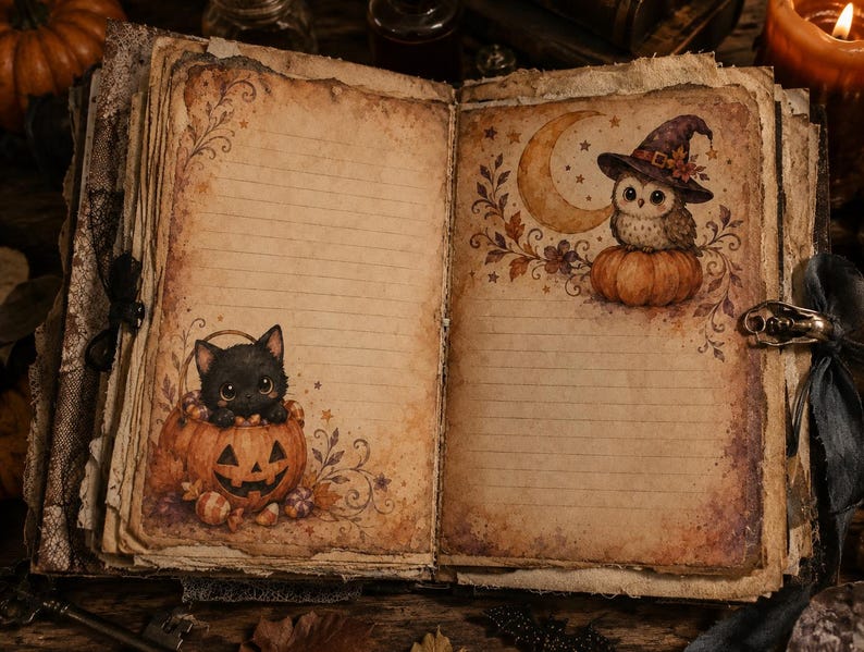 May include: An open journal with aged, deckle-edged paper featuring horizontal lines. The left page displays a black kitten inside a carved jack-o'-lantern. The right page shows an owl wearing a witch hat perched on a pumpkin beneath a crescent moon.