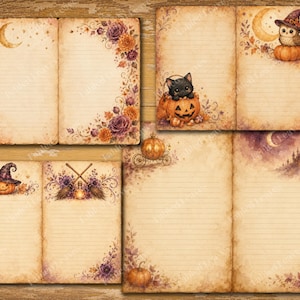 May include: A collection of vintage-style lined stationery pages featuring watercolor illustrations of pumpkins, a black cat, an owl wearing a witch hat, crescent moons, floral arrangements, brooms, and a castle silhouette on aged paper.