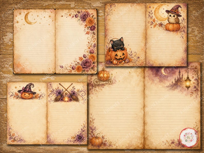 May include: A collection of vintage-style lined stationery pages featuring watercolor illustrations of pumpkins, a black cat, an owl wearing a witch hat, crescent moons, floral arrangements, brooms, and a castle silhouette on aged paper.