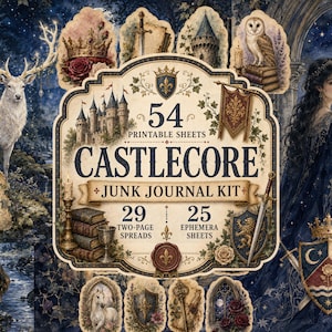 Può includere: Un kit per junk journal digitale con 54 fogli stampabili con il testo CASTLECORE JUNK JOURNAL KIT, 29 TWO-PAGE SPREADS e 25 EPHEMERA SHEETS. Il design include un cervo bianco, un cavaliere, una persona in abito blu, castelli e stemmi araldici.