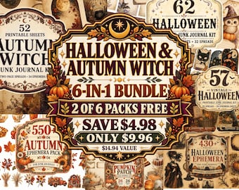 Puede incluir: Un collage digital que presenta un paquete 6 en 1 de Halloween y bruja de otoño. El gráfico central muestra texto que incluye Halloween & Autumn Witch 6-in-1 Bundle, 2 of 6 packs free, save $4.98 y only $9.96, rodeado de calabazas y hojas.