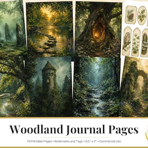 Può includere: Una raccolta di pagine di diario stampabili a tema boschivo con sette diverse scene forestali che includono rovine in pietra, un fiume, un albero cavo e una torre, oltre a un foglio di segnalibri ed etichette. Il testo recita Woodland Journal Pages.