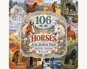 May include: A digital collection of 106 horse-themed junk journal pages and papers, measuring 8.5 x 11 inches. The central label features the text 106 HORSES JUNK JOURNAL PAGES DIGITAL PAPERS 8.5 x 11 surrounded by various horse illustrations.