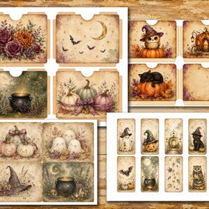 May include: A collection of printable paper craft sheets featuring vintage-style Halloween illustrations. Designs include floral arrangements, crescent moons, bats, pumpkins, a witch hat, a cauldron, ghosts, a cat, and an owl on various tags and pockets.