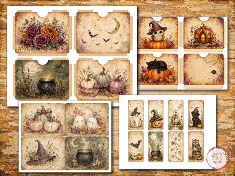 May include: A collection of printable paper craft sheets featuring vintage-style Halloween illustrations. Designs include floral arrangements, crescent moons, bats, pumpkins, a witch hat, a cauldron, ghosts, a cat, and an owl on various tags and pockets.