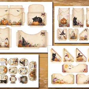 May include: A collection of printable Halloween-themed paper craft sheets featuring illustrations of pumpkins, black cats, ghosts, owls, witch hats, cauldrons, and moons on a vintage-style parchment background with various tags, pockets, and labels.