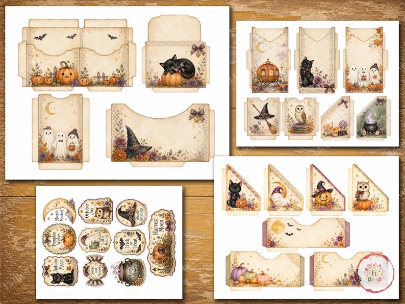 May include: A collection of printable Halloween-themed paper craft sheets featuring illustrations of pumpkins, black cats, ghosts, owls, witch hats, cauldrons, and moons on a vintage-style parchment background with various tags, pockets, and labels.