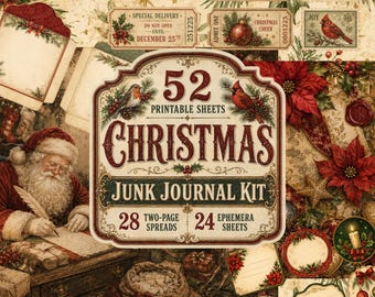 Puede incluir: Un kit de junk journal digital con 52 hojas imprimibles con imágenes navideñas vintage. La etiqueta central muestra el texto 52 PRINTABLE SHEETS CHRISTMAS JUNK JOURNAL KIT 28 TWO-PAGE SPREADS 24 EPHEMERA SHEETS, rodeado de Santa Claus, pájaros y flores de pascua.