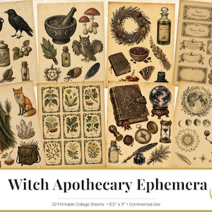 May include: A collection of 32 printable collage sheets featuring witch apothecary ephemera, including illustrations of herbs, potions, crystals, celestial bodies, and vintage labels. The sheets measure 8.5 inches by 11 inches each.