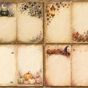 May include: Four sets of two-page lined stationery sheets with aged parchment texture. Designs include a cauldron under a crescent moon, a hanging lantern with autumn leaves, spider webs with spiders, and a witch hat with pumpkins.