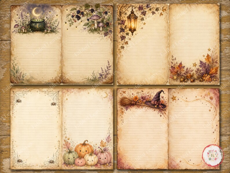 May include: Four sets of two-page lined stationery sheets with aged parchment texture. Designs include a cauldron under a crescent moon, a hanging lantern with autumn leaves, spider webs with spiders, and a witch hat with pumpkins.