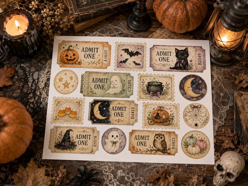 May include: A white sheet of paper featuring various Halloween-themed stickers, including rectangular tickets labeled ADMIT ONE with illustrations of a pumpkin, a black cat, a ghost, a cauldron, a witch hat, and an owl, plus circular moon and spiderweb designs.