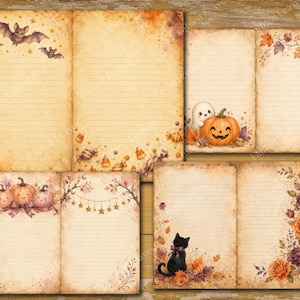 May include: A collection of vintage-style stationery pages featuring Halloween themes. The lined paper displays watercolor illustrations of bats, pumpkins, a ghost, a black cat, autumn leaves, roses, candy corn, and star garlands on aged parchment.