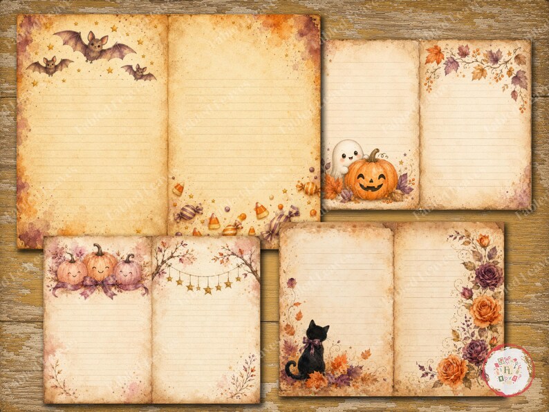 May include: A collection of vintage-style stationery pages featuring Halloween themes. The lined paper displays watercolor illustrations of bats, pumpkins, a ghost, a black cat, autumn leaves, roses, candy corn, and star garlands on aged parchment.