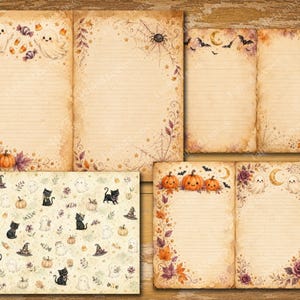 May include: A collection of digital stationery papers featuring Halloween themes. Designs include lined pages with borders of ghosts, pumpkins, autumn leaves, spiders, and bats, plus a patterned sheet with black cats, ghosts, and witch hats.