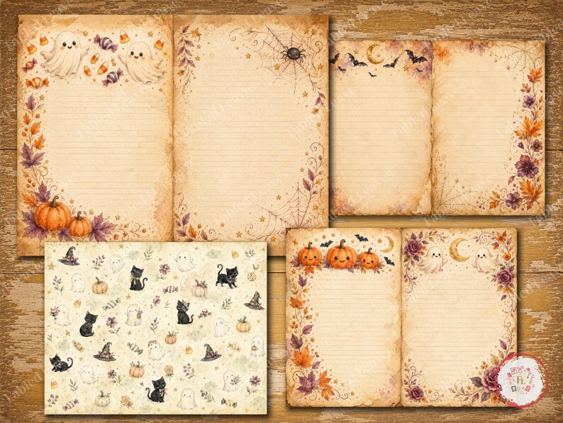 May include: A collection of digital stationery papers featuring Halloween themes. Designs include lined pages with borders of ghosts, pumpkins, autumn leaves, spiders, and bats, plus a patterned sheet with black cats, ghosts, and witch hats.