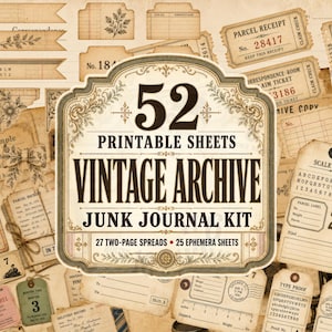Puede incluir: Una colección de 52 hojas imprimibles para un kit de diario de archivo vintage, que incluye varios elementos efímeros como recibos de paquetes, boletos, etiquetas y muestras de alfabeto en papel envejecido tono sepia.