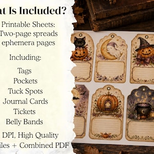 May include: A digital collection of 62 printable sheets featuring 32 two-page spreads and 30 ephemera pages including tags, pockets, tuck spots, journal cards, tickets, and belly bands. The designs feature Halloween illustrations like pumpkins, cats, and ghosts.