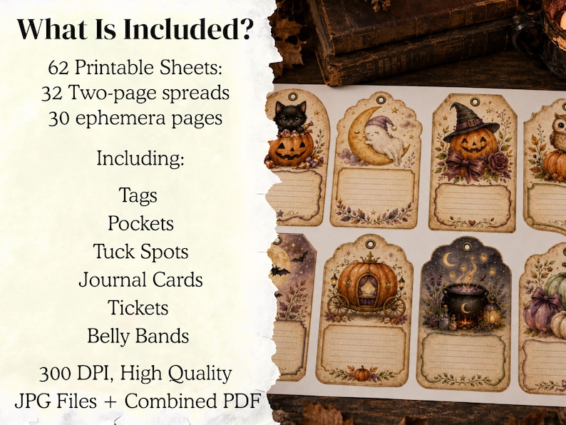 May include: A digital collection of 62 printable sheets featuring 32 two-page spreads and 30 ephemera pages including tags, pockets, tuck spots, journal cards, tickets, and belly bands. The designs feature Halloween illustrations like pumpkins, cats, and ghosts.