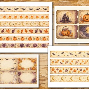 May include: A collection of printable digital sheets featuring Halloween-themed designs including bats, candy corn, crescent moons, stars, autumn leaves, pumpkins, and flowers. The set includes decorative borders and rectangular labels with vintage textures.