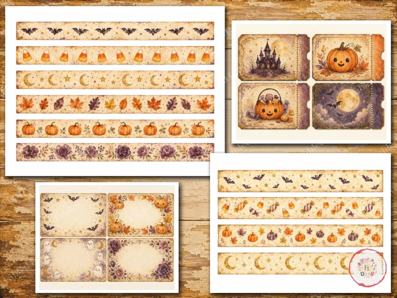 May include: A collection of printable digital sheets featuring Halloween-themed designs including bats, candy corn, crescent moons, stars, autumn leaves, pumpkins, and flowers. The set includes decorative borders and rectangular labels with vintage textures.