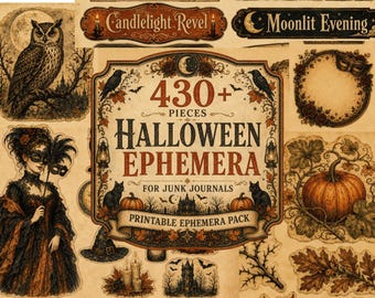 May include: A collection of vintage-style Halloween ephemera featuring over 430 pieces for junk journals. The central label reads 430+ PIECES HALLOWEEN EPHEMERA FOR JUNK JOURNALS. Includes illustrations of an owl, a masked figure, pumpkins, and bats.