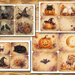 May include: A collection of rectangular cards featuring Halloween-themed illustrations including a black cat in a pumpkin, ghosts, a witch hat, a broom, a cauldron, autumn flowers, a crescent moon, a bat, and a swirled lollipop on a textured background.
