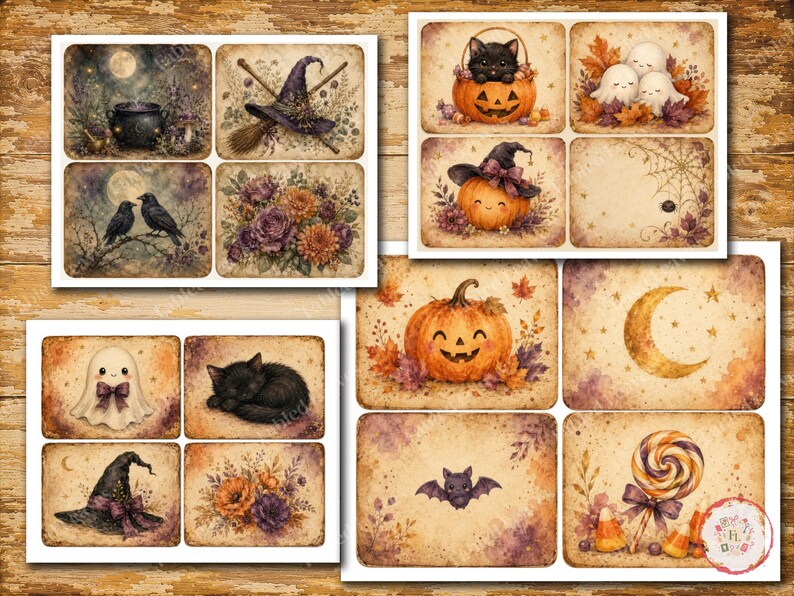 May include: A collection of rectangular cards featuring Halloween-themed illustrations including a black cat in a pumpkin, ghosts, a witch hat, a broom, a cauldron, autumn flowers, a crescent moon, a bat, and a swirled lollipop on a textured background.