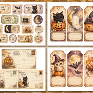 May include: A collection of printable Halloween-themed paper ephemera featuring rectangular admit-one tickets, vertical gift tags with hole punches, and vintage-style postcards decorated with illustrations of pumpkins, ghosts, cats, owls, and bats.