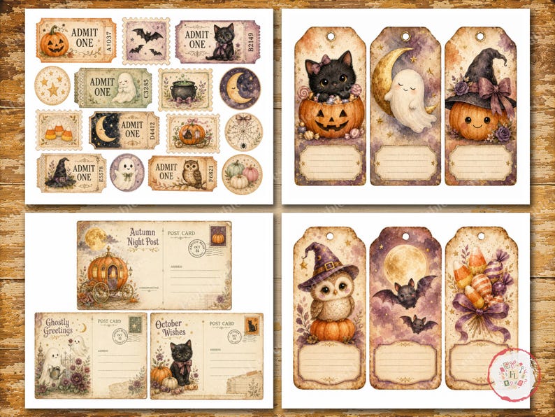 May include: A collection of printable Halloween-themed paper ephemera featuring rectangular admit-one tickets, vertical gift tags with hole punches, and vintage-style postcards decorated with illustrations of pumpkins, ghosts, cats, owls, and bats.