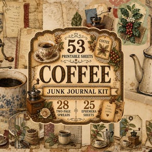 Puede incluir: Un kit de diario basura digital que incluye 53 hojas imprimibles con imágenes de café, como molinillos antiguos, teteras, tazas y dibujos botánicos. La etiqueta central muestra el texto 53 PRINTABLE SHEETS COFFEE JUNK JOURNAL KIT 28 TWO-PAGE SPREADS 25 EPHEMERA SHEETS.