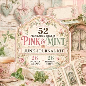 May include: A digital junk journal kit featuring 52 printable sheets with pink and mint floral designs, including 26 two-page spreads and 26 ephemera sheets. The central label displays the text 52 PRINTABLE SHEETS PINK & MINT JUNK JOURNAL KIT.