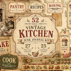 May include: A digital junk journal kit featuring 52 printable sheets with a vintage kitchen theme. The collection includes labels, tags, and decorative paper with illustrations of pies, pantry items, recipes, and baking tools in a rustic style.