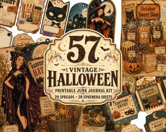 May include: A collection of vintage Halloween-themed printable ephemera and journal pages featuring illustrations of a witch, black cats, pumpkins, candy, and carnival tickets with the text 57 VINTAGE HALLOWEEN PRINTABLE JUNK JOURNAL KIT.