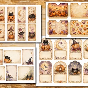 May include: A collection of printable Halloween-themed paper ephemera featuring rectangular tags, journaling cards, and pockets. The designs include illustrations of pumpkins, black cats, ghosts, owls, bats, and cauldrons in a vintage, sepia-toned style.