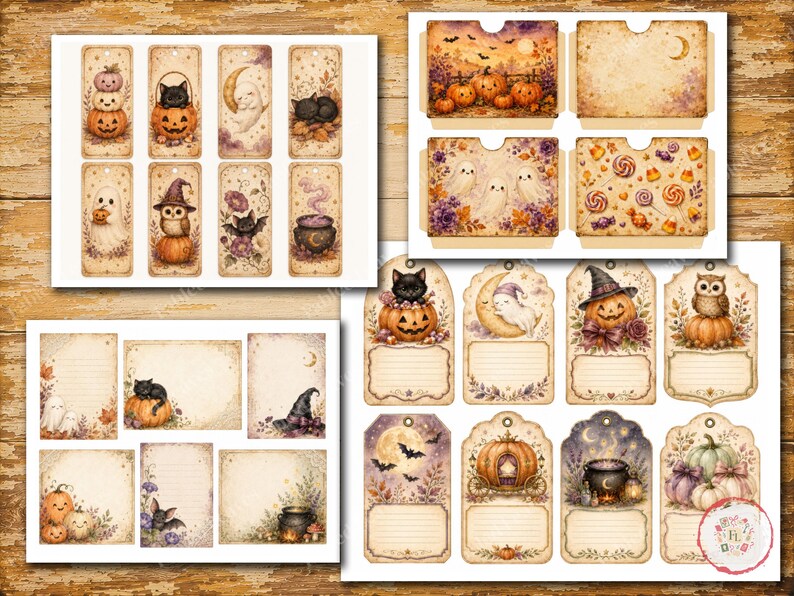 May include: A collection of printable Halloween-themed paper ephemera featuring rectangular tags, journaling cards, and pockets. The designs include illustrations of pumpkins, black cats, ghosts, owls, bats, and cauldrons in a vintage, sepia-toned style.