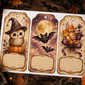 May include: Three rectangular paper gift tags with rounded tops and holes for hanging. The first tag features an owl in a purple witch hat sitting on a pumpkin. The second shows two bats flying before a full moon. The third displays candy corn.
