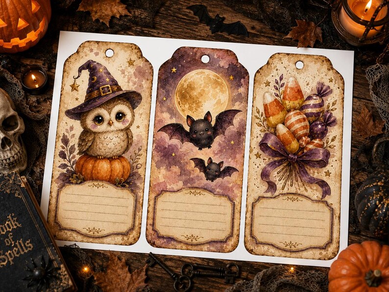 May include: Three rectangular paper gift tags with rounded tops and holes for hanging. The first tag features an owl in a purple witch hat sitting on a pumpkin. The second shows two bats flying before a full moon. The third displays candy corn.