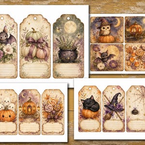May include: A collection of rectangular paper gift tags featuring vintage-style watercolor illustrations of Halloween themes including pumpkins, bats, ghosts, a black cat, a witch hat, a cauldron, and candy, each with a blank lined space for writing.