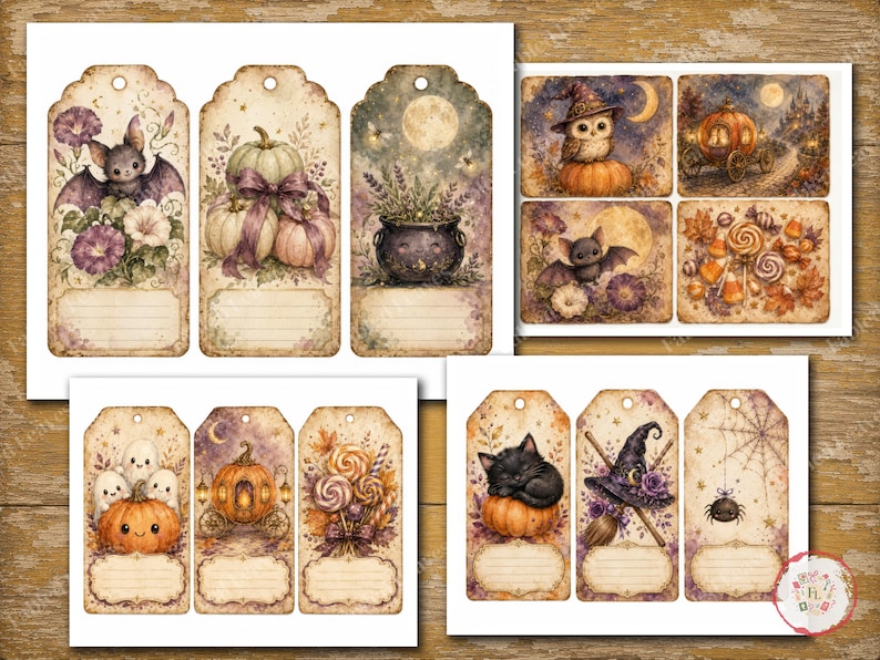 May include: A collection of rectangular paper gift tags featuring vintage-style watercolor illustrations of Halloween themes including pumpkins, bats, ghosts, a black cat, a witch hat, a cauldron, and candy, each with a blank lined space for writing.